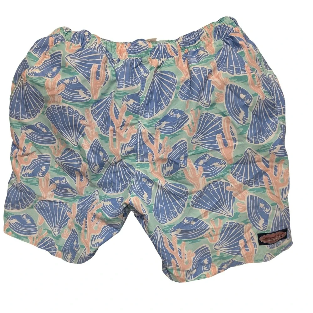 Vineyard Vines Mens Swim Trunks Medium Blue‎ Pink Seashell Coral Board Shorts